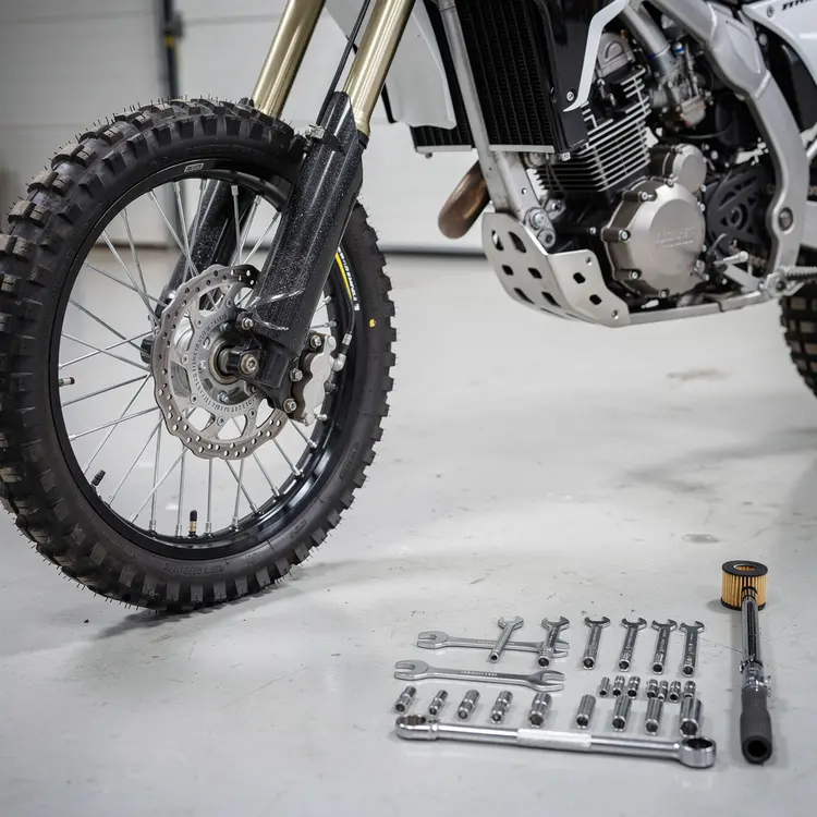 Dirt Bike Maintenance Setup with Tools