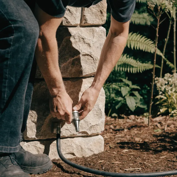 Irrigation or Water Line Connection at Stone Wall