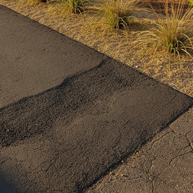 Freshly Repaired Asphalt Driveway with Desert Landscaping Edge