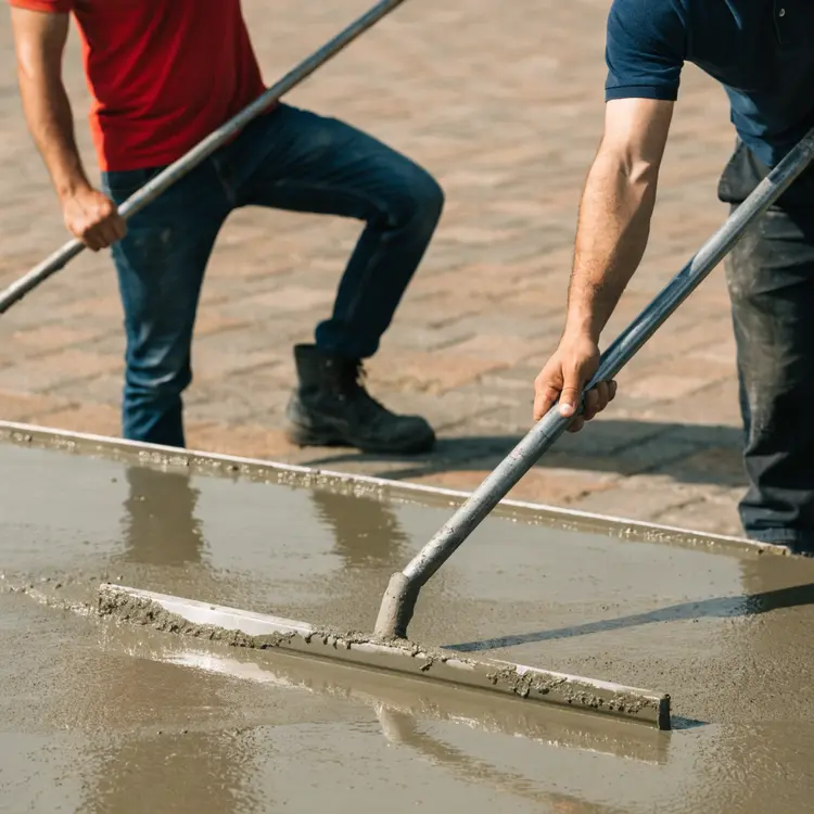 Workers Screeding Wet Concrete Slab