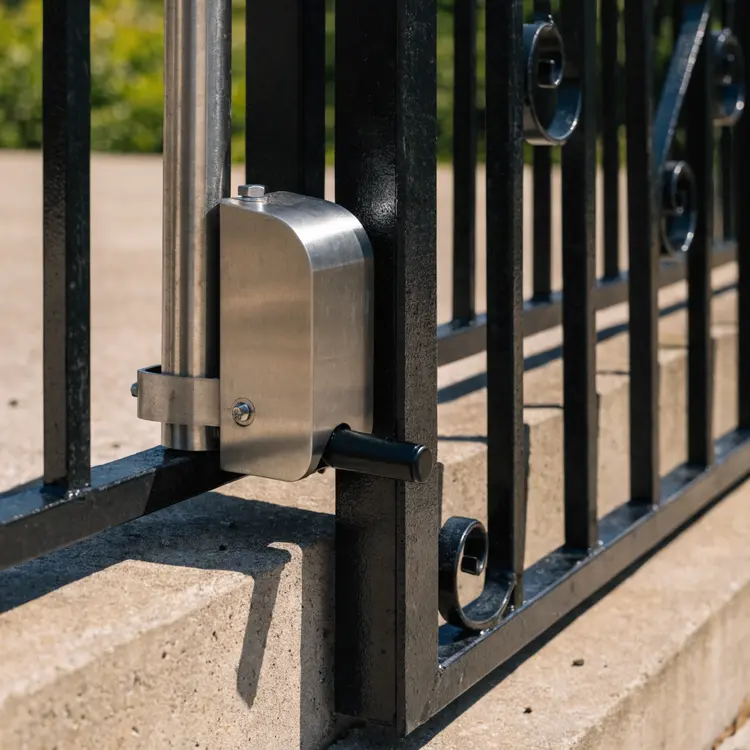 Gate Lock Hardware on Wrought Iron Gate