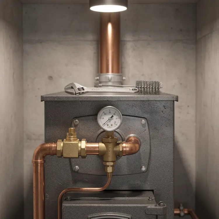 Residential Cast-Iron Boiler with Copper Pipes and Brass Fittings