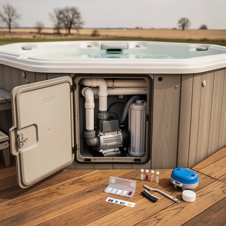 Hot Tub Equipment Panel Open for Maintenance