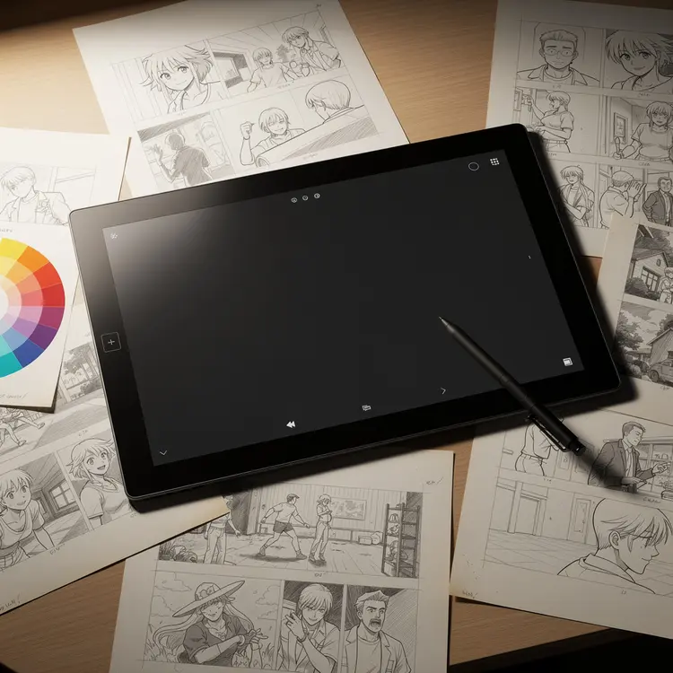 Animation Workstation with Drawing Tablet and Storyboards
