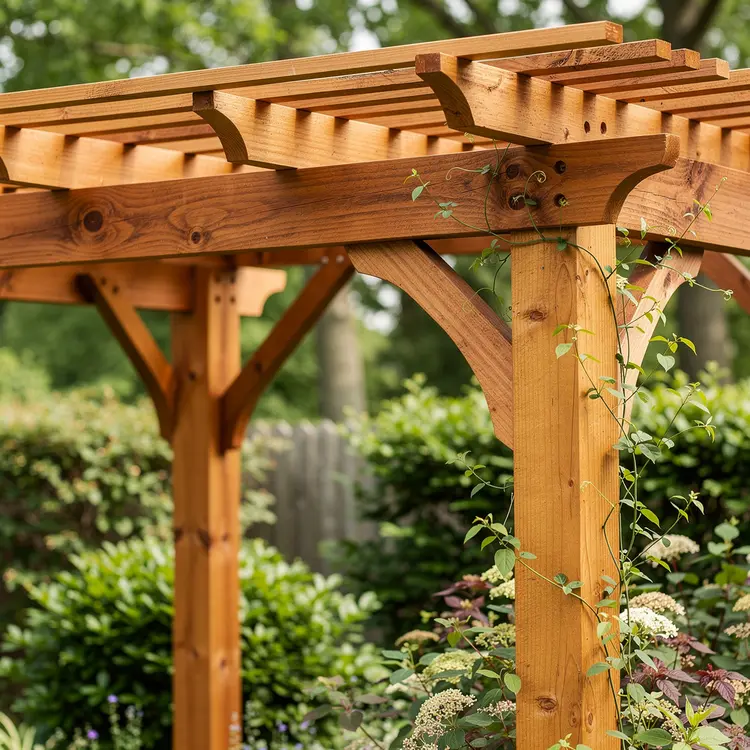 Wooden Pergola in Lush Backyard Garden