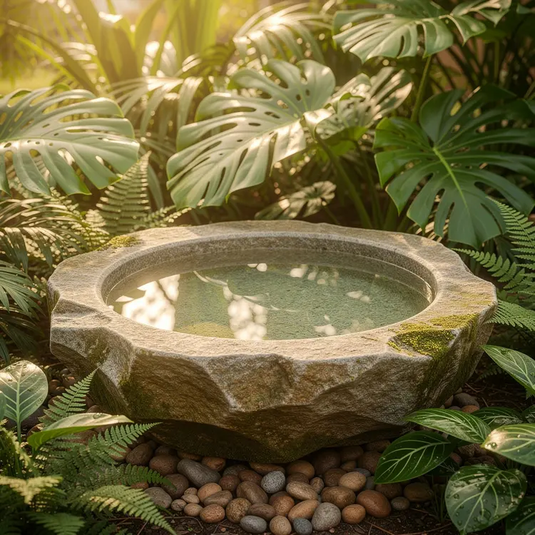 Decorative Stone Water Bowl in Tropical Garden