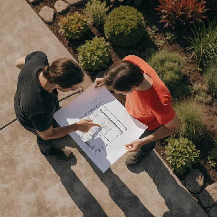 Two People Reviewing Architectural Floor Plans Outdoors