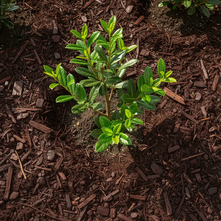 Freshly Mulched Garden Bed with Ornamental Shrub
