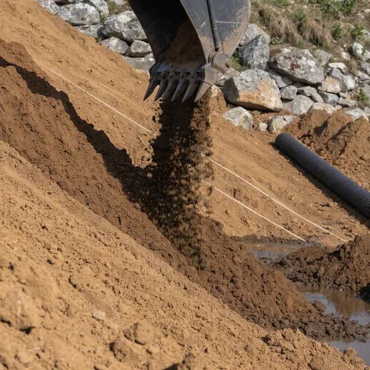 Excavator Digging Trench with Drainage Pipe