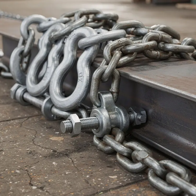 Heavy-Duty Rigging Chains and Shackles on Steel Lifting Beam