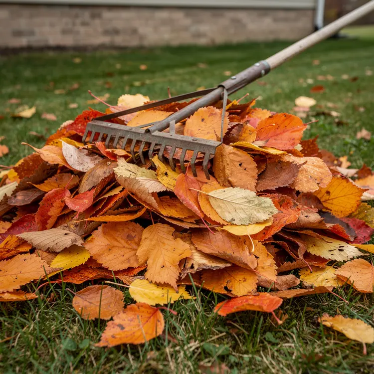 Autumn Leaf Raking on Residential Lawn