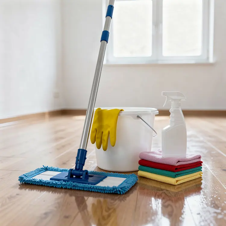 House Cleaning Supplies on Hardwood Floor