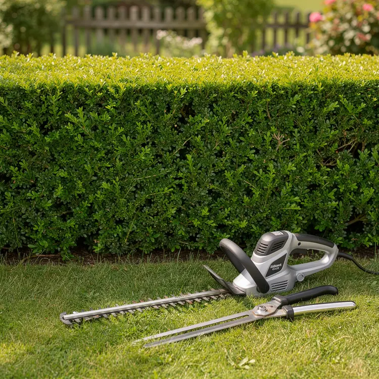 Electric Hedge Trimmer and Shears on Garden Lawn