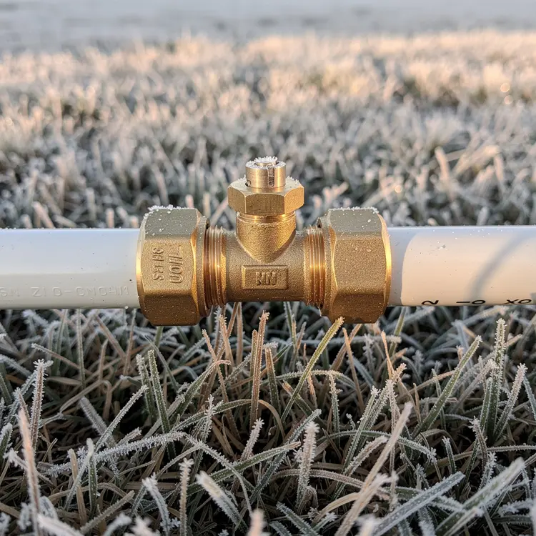 Brass Irrigation Ball Valve on Frost-Covered Lawn