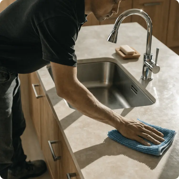 Man Cleaning Kitchen Countertop Near Sink
