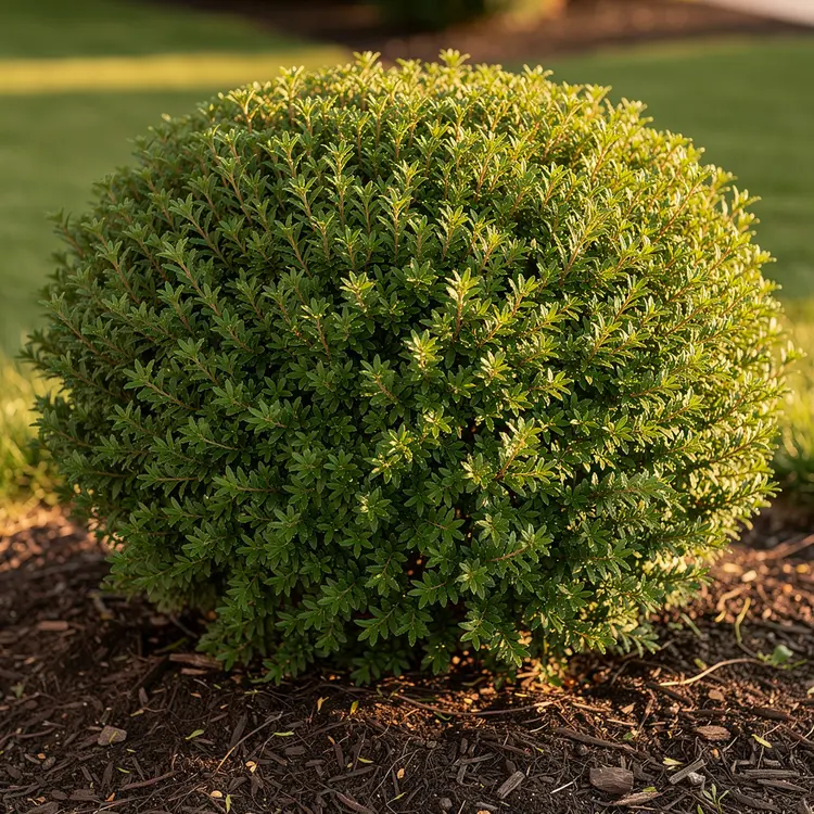 Neatly Trimmed Rounded Shrub in Mulched Garden Bed
