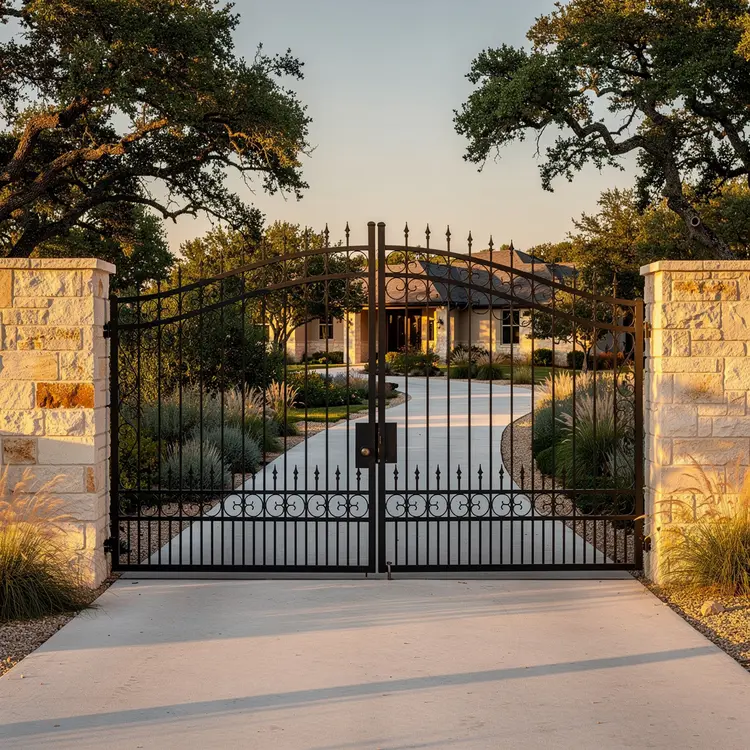 Ornate Wrought-Iron Driveway Gate at Texas Ranch Home