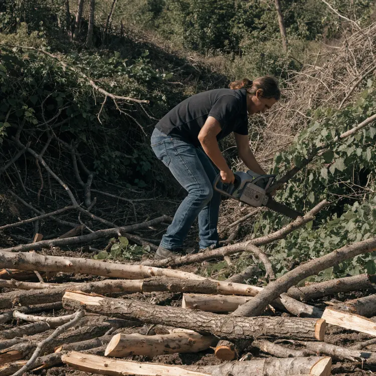 Chainsaw Operator Cutting Fallen Trees During Land Clearing