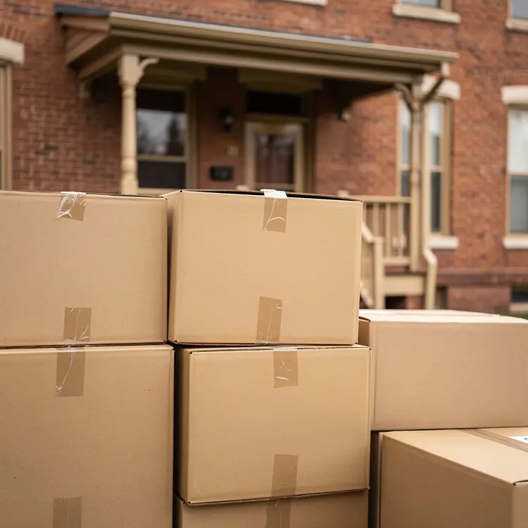 Moving Boxes in Front of Brick Row House