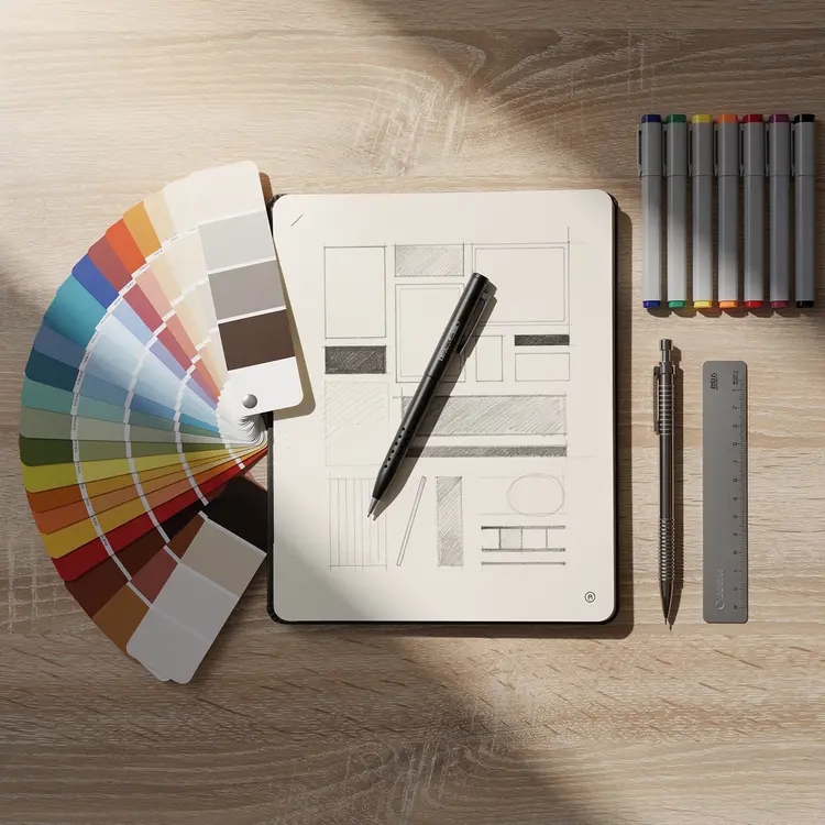Designer's Desk with Sketchbook and Color Swatches