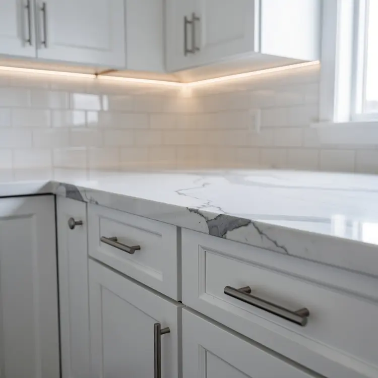 Modern White Kitchen with Quartz Countertop and Subway Tile Backsplash