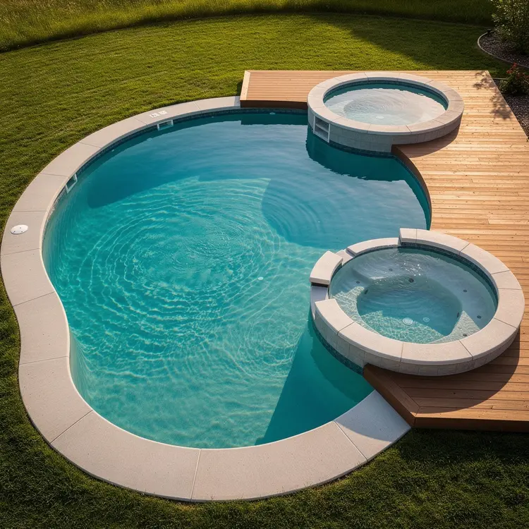 Residential Backyard Pool with Hot Tubs and Wooden Deck