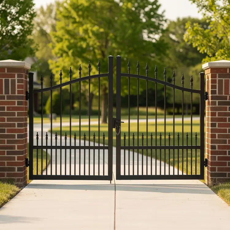 Ornamental Iron Driveway Gate with Brick Pillars