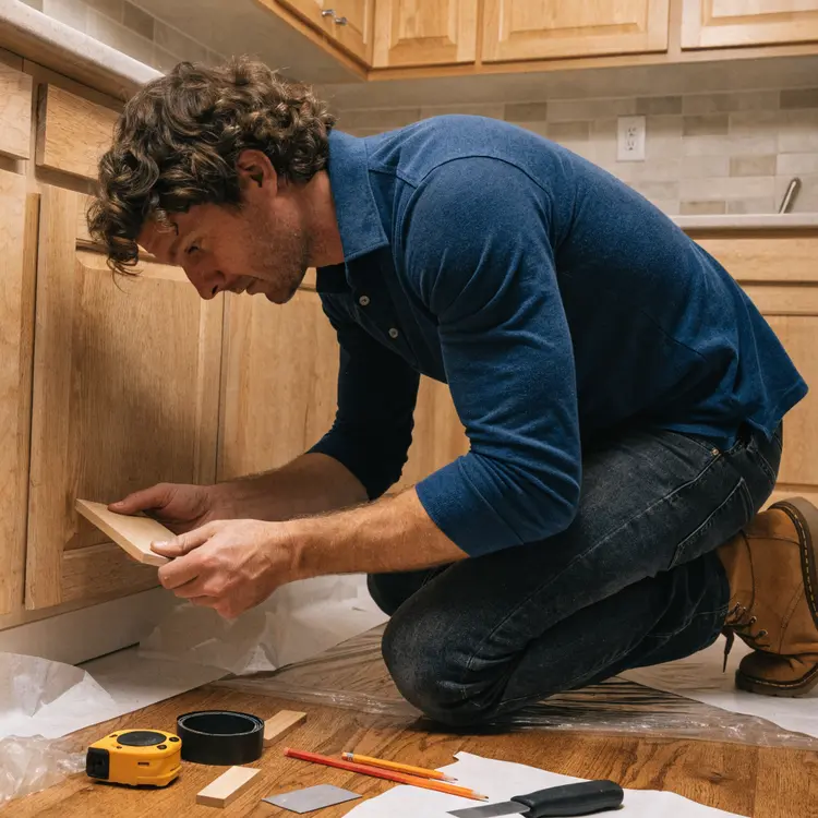 Man Installing Kitchen Cabinet Panel