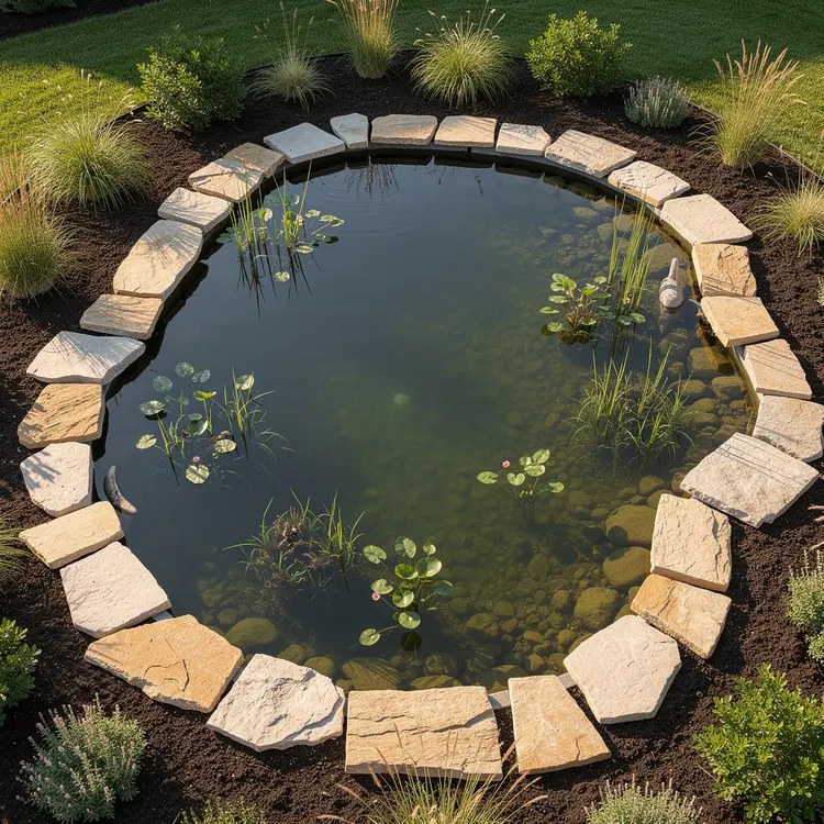 Backyard Garden Pond with Limestone Edging