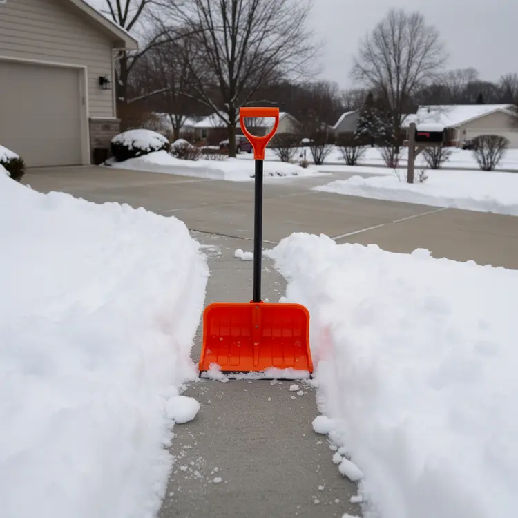 Orange Snow Shovel in Cleared Residential Driveway