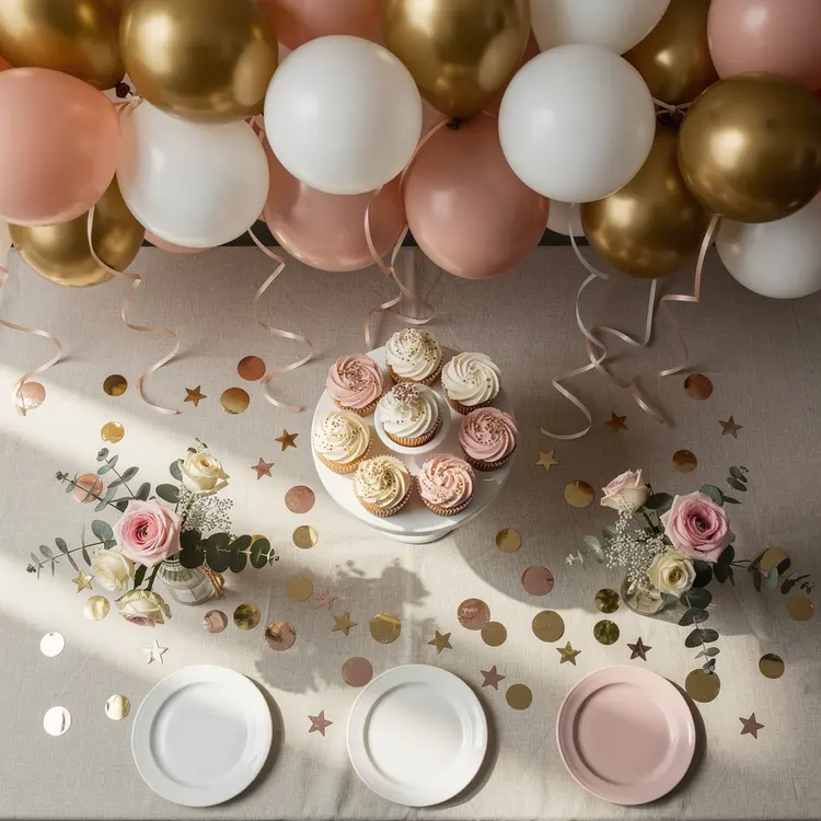 Festive Party Table with Balloons and Cupcakes