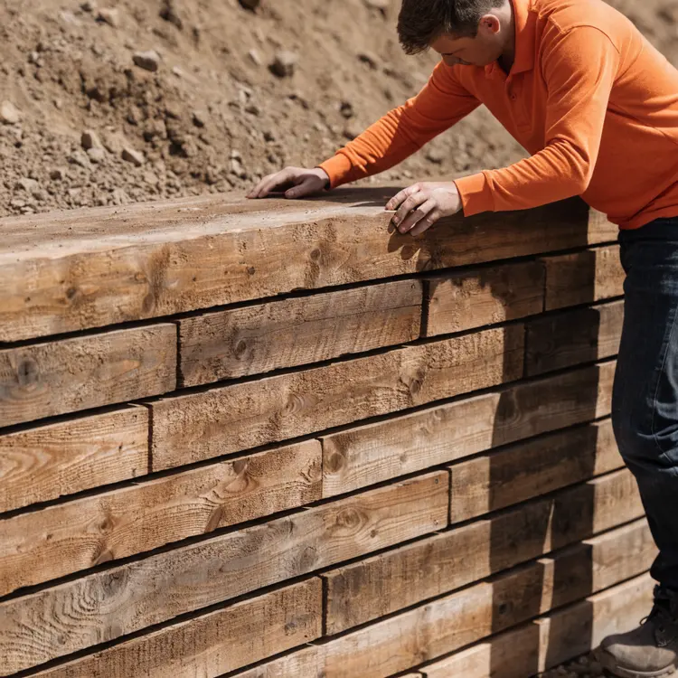 Man Inspecting Stack of Lumber at Construction Site