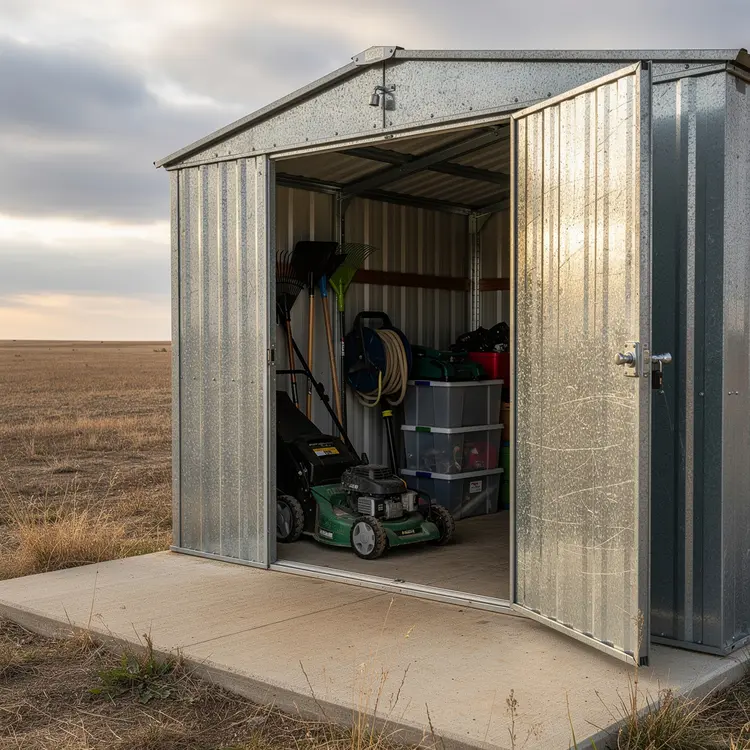 Open Metal Storage Shed with Lawn Equipment on Prairie