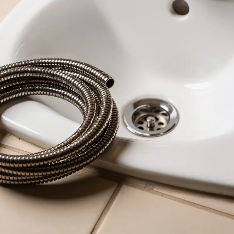 Drain Snake Cable Coiled Near Bathroom Sink Drain