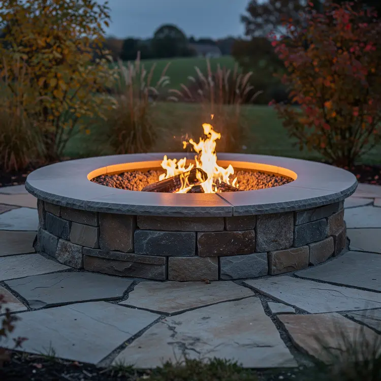 Custom Stone Fire Pit on Flagstone Patio