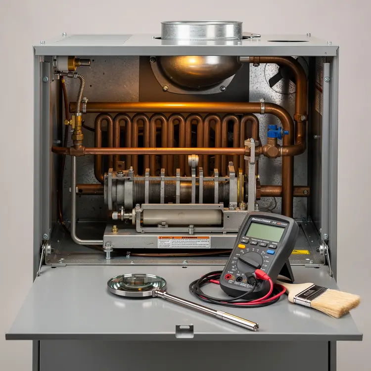 Gas Furnace Interior with Maintenance Tools