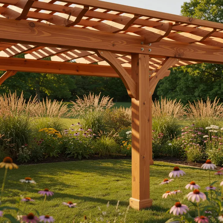 Custom Cedar Pergola in Lush Backyard Garden