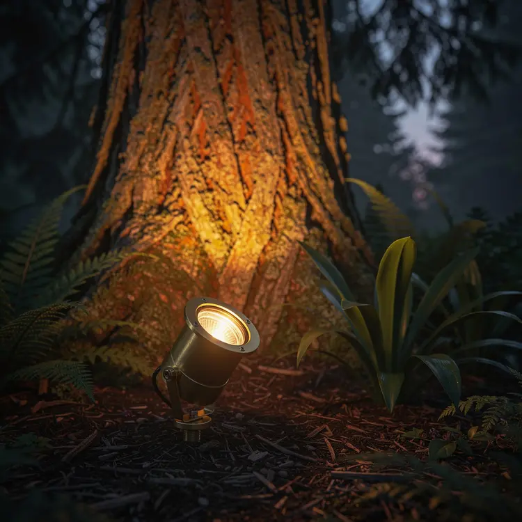 Landscape Spotlight Illuminating Conifer Trunk at Dusk