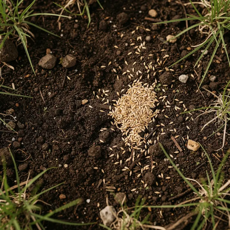 Grass Seed Scattered on Bare Soil