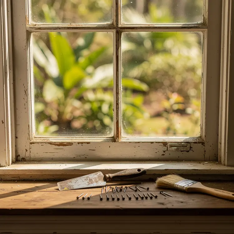Window Glazing Repair on Weathered Wooden Window
