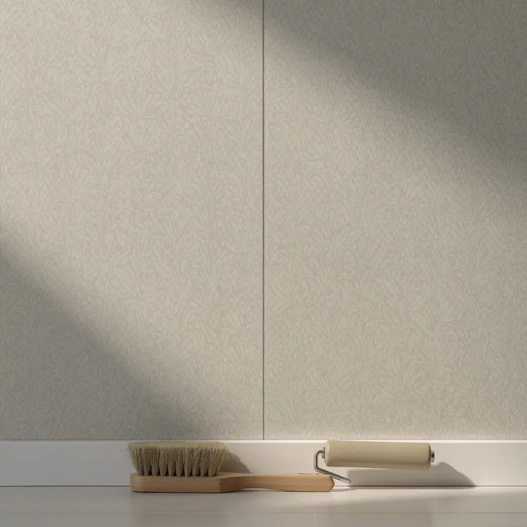 Freshly Installed Decorative Wallpaper with Seam and Tools