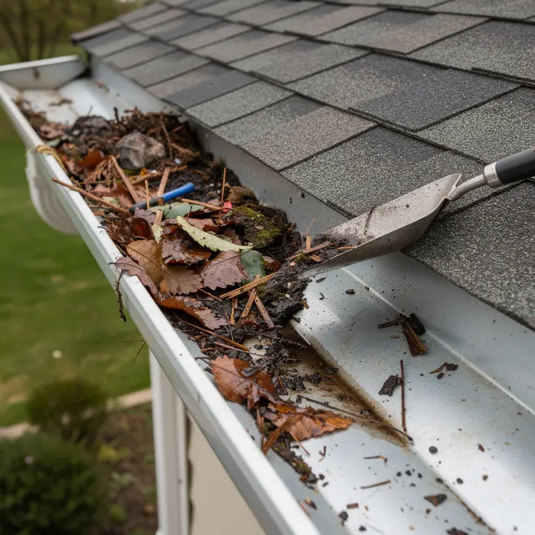 Clogged Gutter Cleaning with Scoop Tool