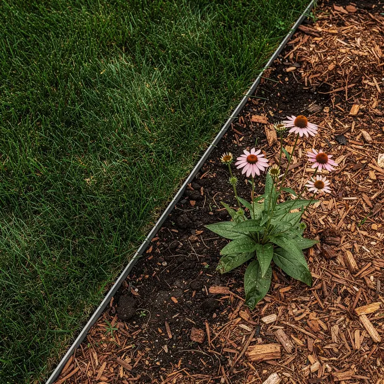 Edged Lawn Border with Mulch Bed and Coneflowers