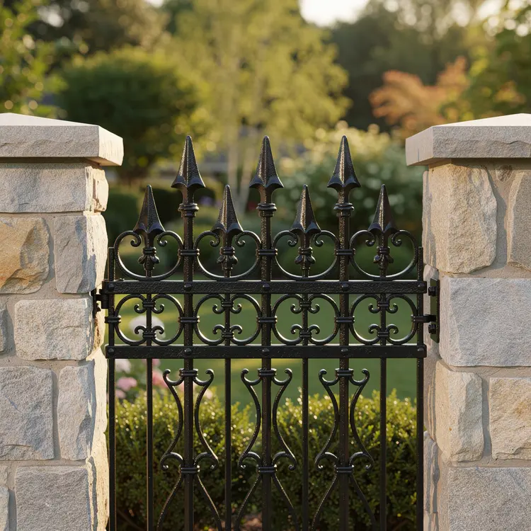 Ornamental Wrought Iron Gate with Stone Pillars