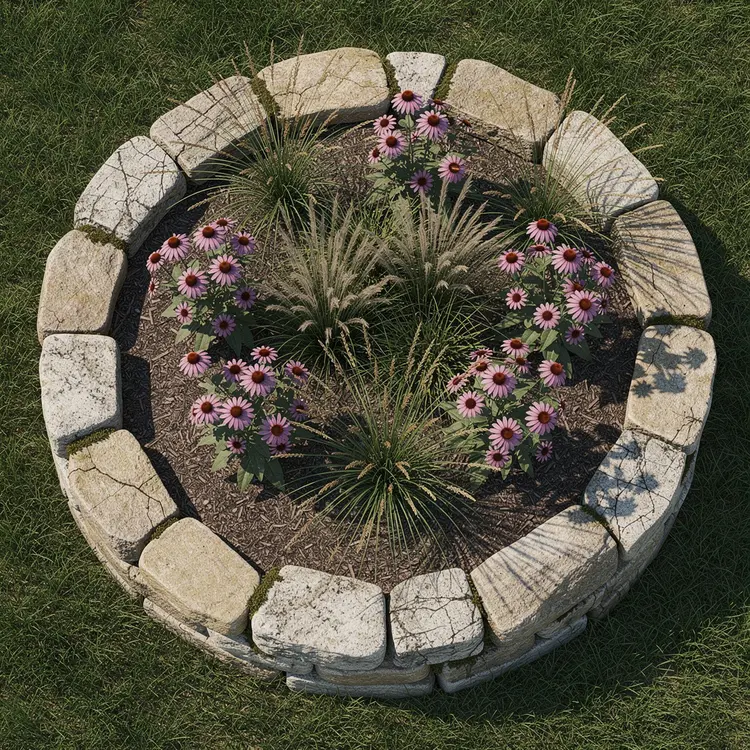 Circular Stone-Bordered Ornamental Garden Bed