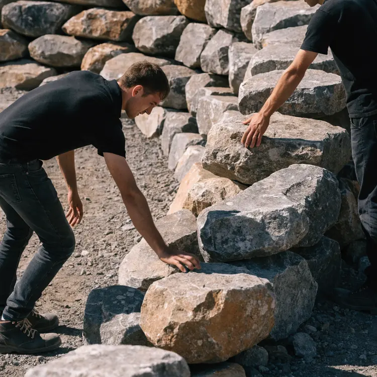 Workers Building a Boulder Retaining Wall
