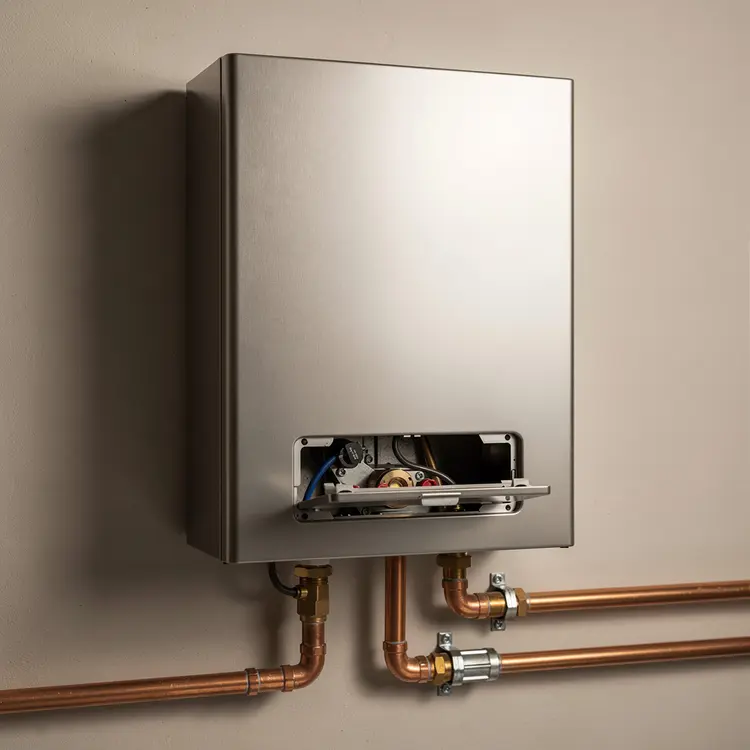 Wall-Mounted Tankless Water Heater with Copper Pipe Connections