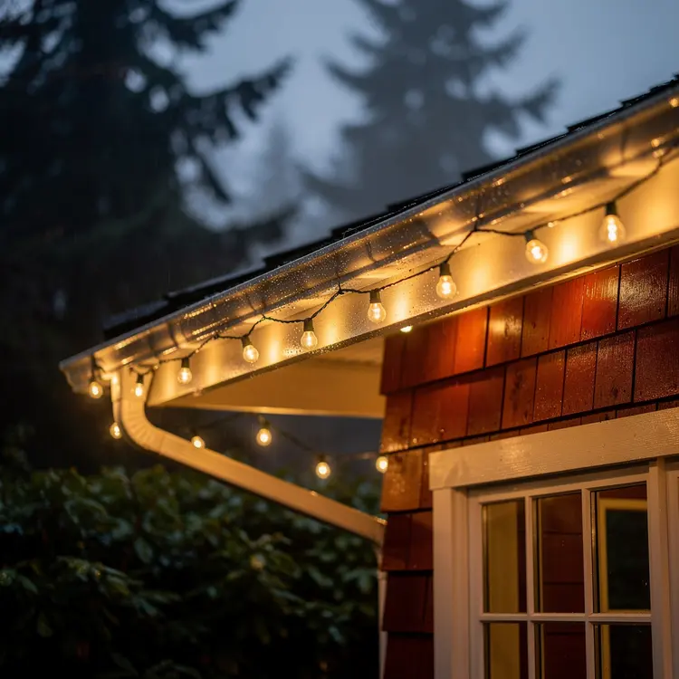 Holiday LED String Lights on Craftsman Home Roofline