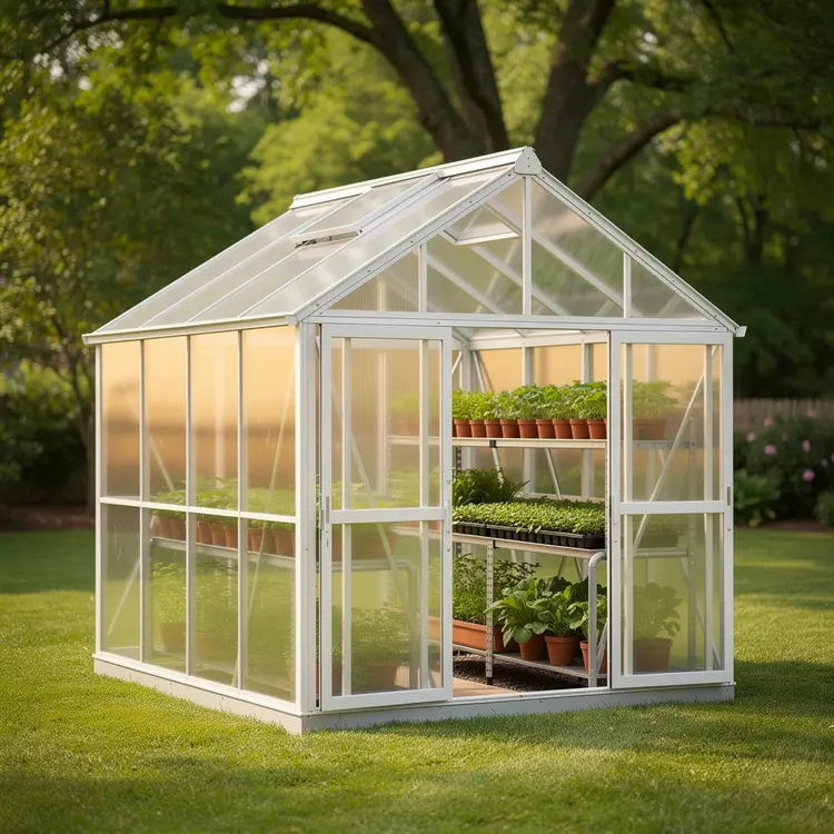 Backyard Greenhouse with Plants and Seedlings
