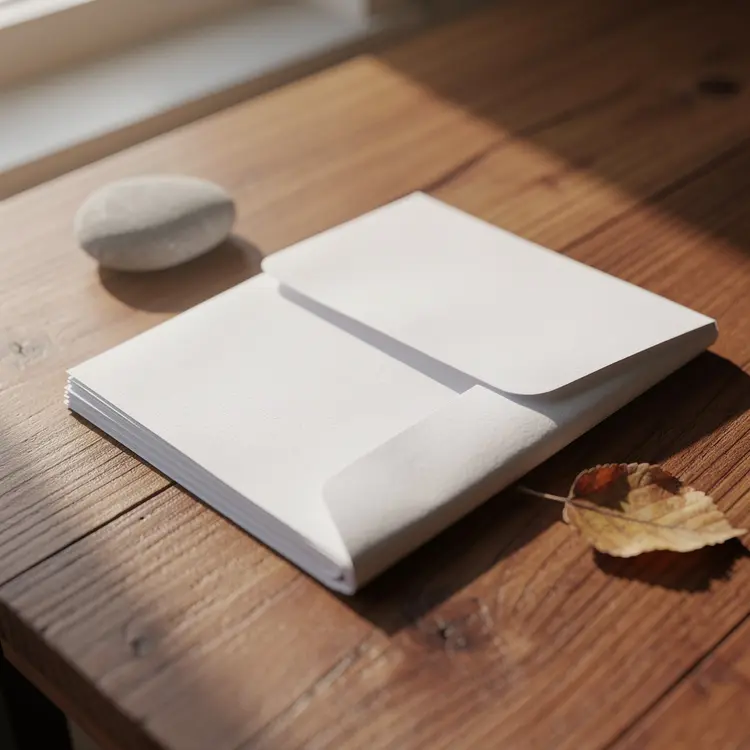 White Document on Wooden Table with Autumn Leaf and Stone